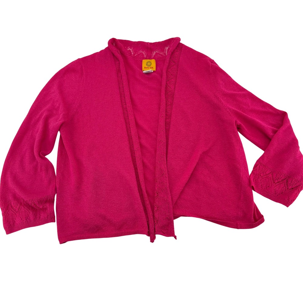 Ruby Rd Womens Hot Pink Open Front Cardigan Pointelle Trim Knit Sweater Large